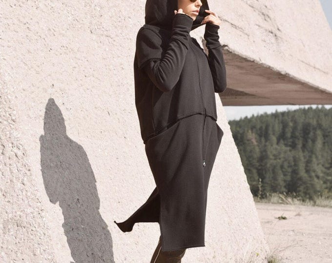 New Black Extravarant Maxi Zipper Hoodie / French Terry Cotton / Side Pockets Jacket by Aakasha A08604