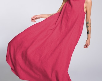 Linen Sleeveless Maxi Dress High Neck Cocoon Plus Size Summer Gown Bohemian Kaftan