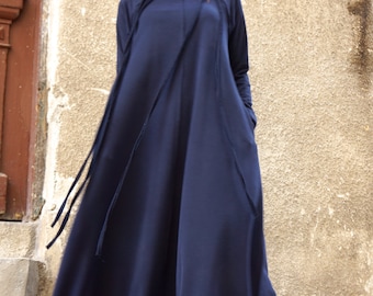 Navy Blue Cotton Maxi Gown : Elegant Dress  Zipper at  Shoulders with Pockets