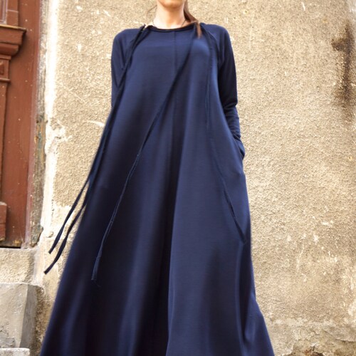 New Fall Maxi Dress / Navy Blue Kaftan Cotton Dress /side - Etsy