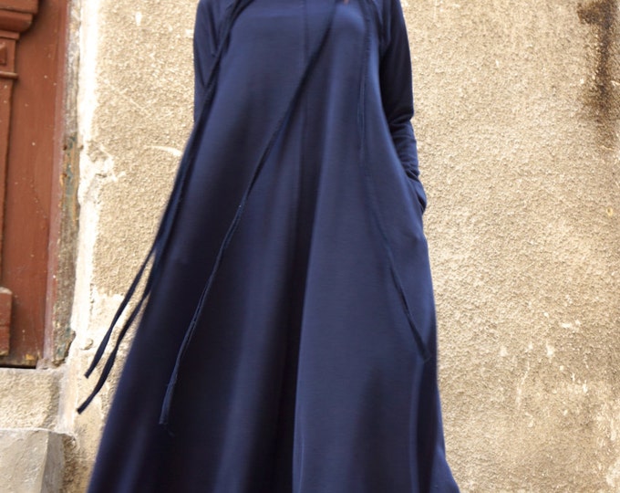 New Fall  Maxi Dress / Navy Blue  Kaftan Cotton  Dress /Side Pockets  Dress / Extravagant Cotton Party Dress /Daywear Dress A03377