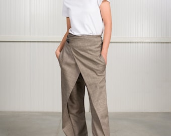 Wrap Loose Wide Leg Trousers Plain Weave Pants with Overlap Front A92211