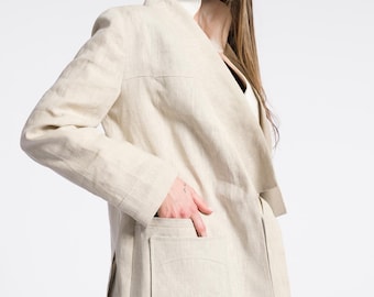 Linen Summer Kimono Blazer with pockets and stripes