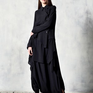 New Asymmetric Buttoned Black Long Sleeve Viscose Textiled Soft Shirt A11790