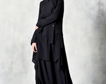 Neue Asymmetrische geknöpft Schwarz Langarm Viskose Textil Soft Shirt A11790