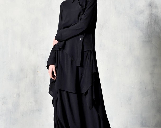 New Asymmetric Buttoned Black Long Sleeve Viscose Textiled Soft Shirt A11790