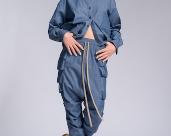Chambray Drop Crotch Joggers with Layered Pockets Elastic Waistband and Drawstrings b
