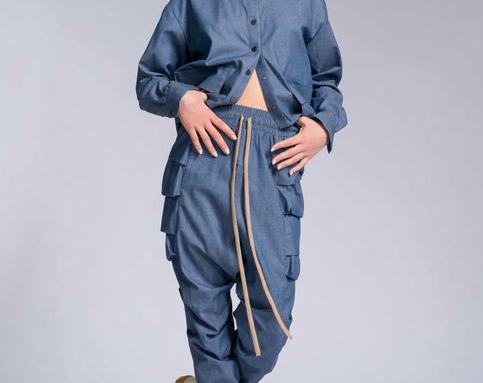 Chambray Pants with Layered Pockets A92247