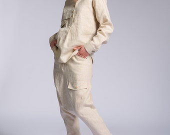 Two-Piece Set of Linen Shirt and Pants with Decorative Flap Pockets A92259
