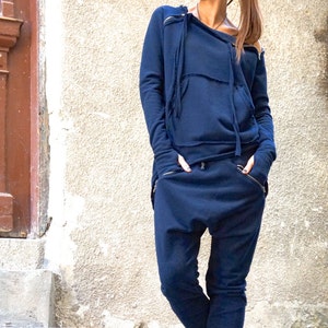 Asymmetric Cotton Sweatshirt: Thumb Holes, Zipper Shoulders Kangaroo Pocket