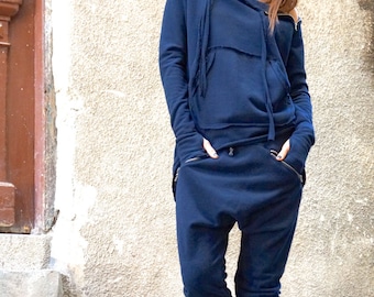 Autumn Asymmetric Cotton Sweatshirt Thumb holes  sexy zipper on shoulders Front Pocket  by AAKASHA A08310