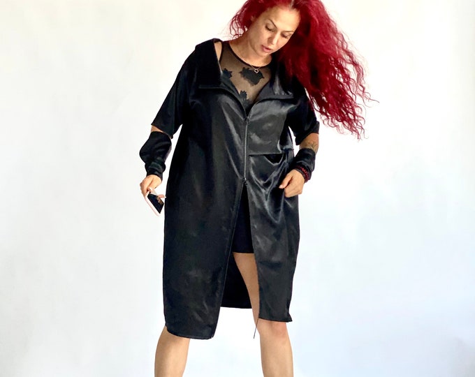 NEW COLLECTION Black Satin  Shirt / Extravagant Double Zipper  Shirt / Asymmetrical shirt / Oversized Stylish Top by Aakasha