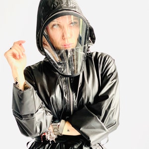 Black  Zipper Hooded Raincoat with zipper ShIeld / Extravagant Trench with Eco Leather Belt / Maxi Coat  by Aakasha A90716