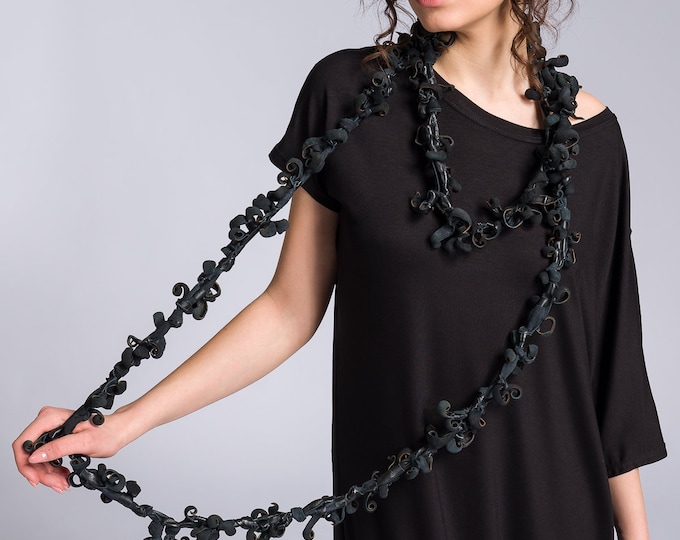 Extra Long Black Genuine Leather Necklace Accessory by AAKASHA A16254