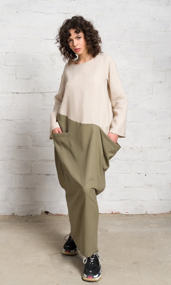 Two-Tone Linen Baggy Dress, XS / Olive Green - Cotton mix / Linen - 100% Linen