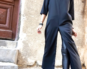 Handmade Black Wool Midi  Dress: Extravagant Zipper Tunic  with Pockets