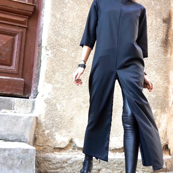 NEW Collection  Black Extravagant Maxi Dress / High Quality Cold Wool  Zipper Maxi Top with pockets  by AAKASHA A03179