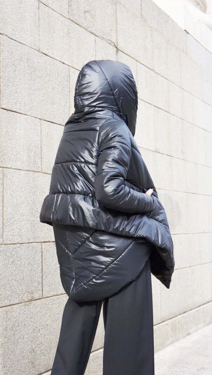 Winter Extra Warm Asymmetric Extravagant Black Hooded Coat Winter Extra Warm Asymmetric Extravagant Black Hooded Coat