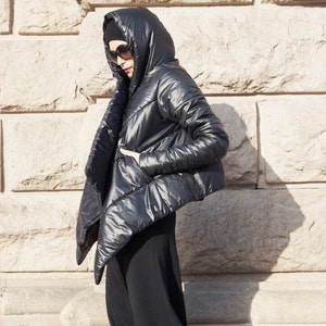 NEW Winter Warm Asymmetric Extravagant Black Coat / Waterproof Windproof Quilted Hooded Coat Side Pockes by Aakasha A07554 image 5