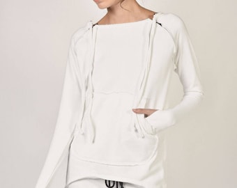 Asymmetric Cotton Sweatshirt: Off White, Thumb Holes, Zipper Detail on Shoulders Front Kangaroo Pocket