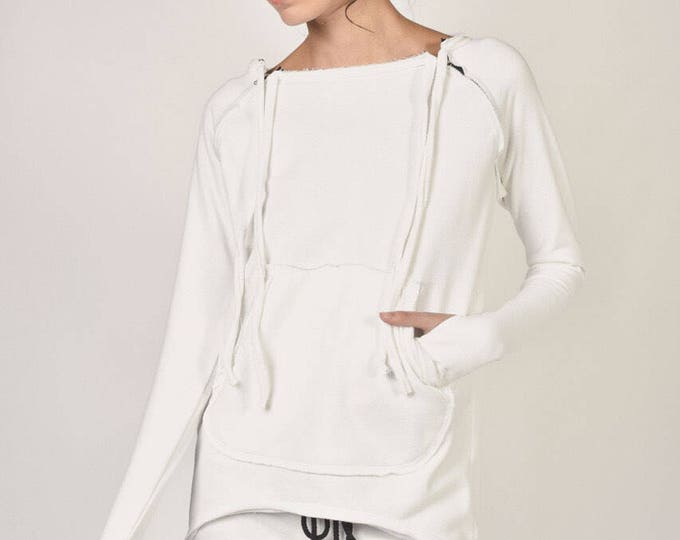 NEW of Off White  Extravagant  Asymmetric Cotton Sweatshirt  / Thumb holes  sexy zipper on shoulders / Front Pocket  by AAKASHA A08310