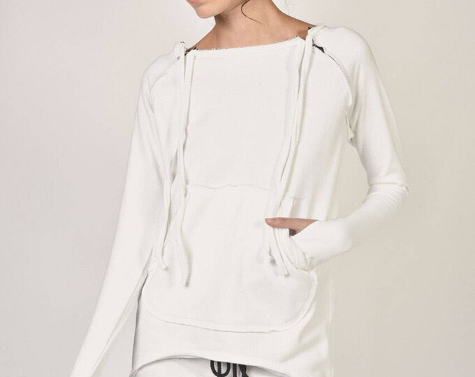 NEW of Off White  Extravagant  Asymmetric Cotton Sweatshirt  / Thumb holes  sexy zipper on shoulders / Front Pocket  by AAKASHA A08310