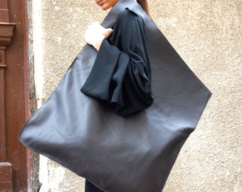 Genuine Leather Asymmetrical Tote Bag: Dark Brown Inside Zipper Pocket