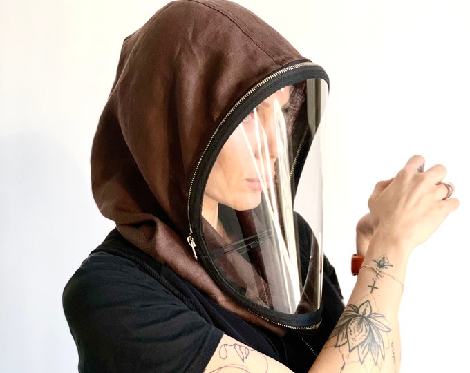 Linen Zipped Hooded Shield, Full Face Covering With polycarbonate Shiled ,Face protective Shield ,Linen Hood Anti-fog Spray  hood by Aakasha