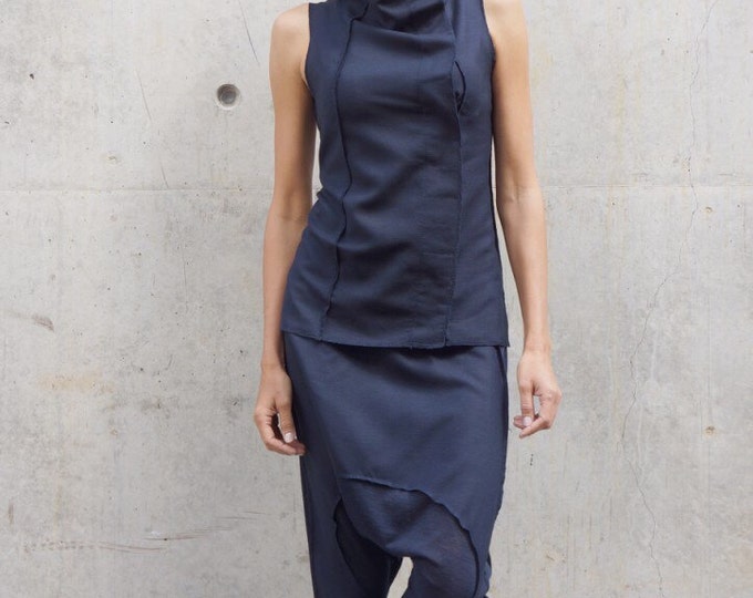 Linen Loose Casual  Navy Drop Crotch  Harem Pants / Summer Linen Pants by AAKASHA A05167