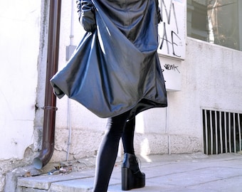 Black Leather Hooded Coat, Extravagant Zip Jacket Lined with Pockets