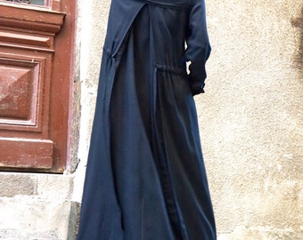 Black Maxi Loose Shirt, Asymmetric Handmade Buttkned  shirt, Oversized Viscose Maxi Shirt with  side pockets by Aakasha  A03333