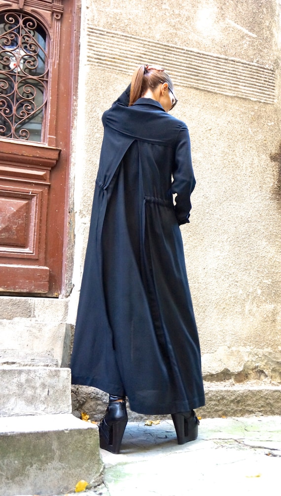 Black Viscose Maxi Shirt Dress, Oversized Asymmetric Plated Tunic