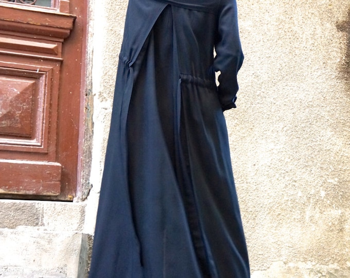 Black Maxi Loose Shirt, Asymmetric Handmade Buttkned  shirt, Oversized Viscose Maxi Shirt with  side pockets by Aakasha  A03333