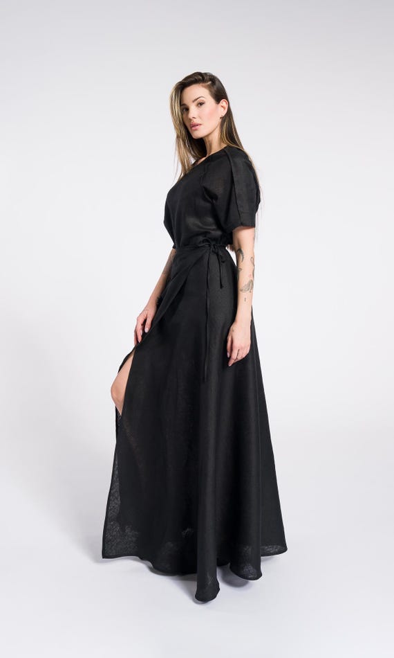 Gonna lunga in lino nero, gonna avvolgente taglie forti, gonna