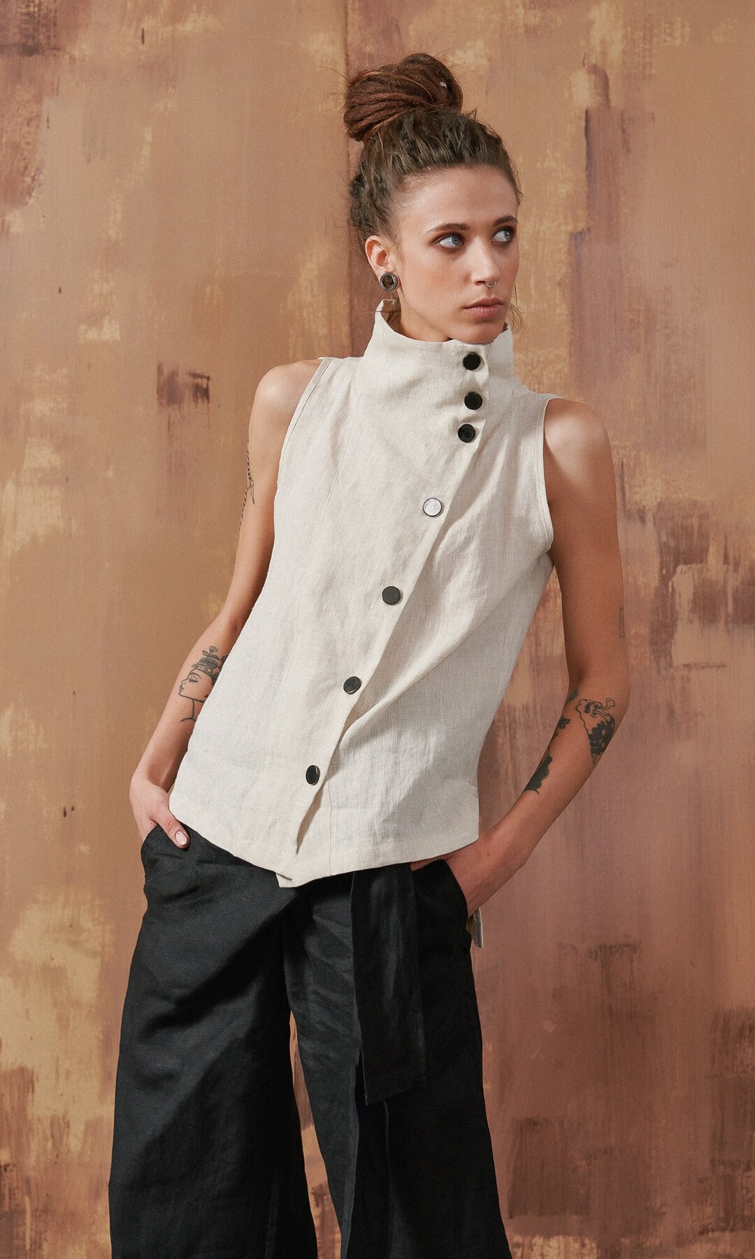 Linen Summer Sleeveless Buttoned Top ,plus Size Vest ,high