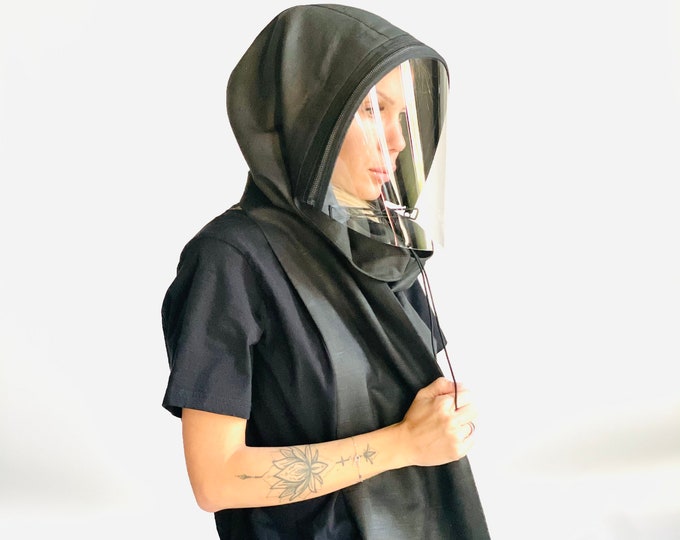 Linen Zipped Hooded Shield, Full Face Covering With Shawl ,Face protective Shield ,Linen Hood Anti-fog Spray  hood by Aakasha