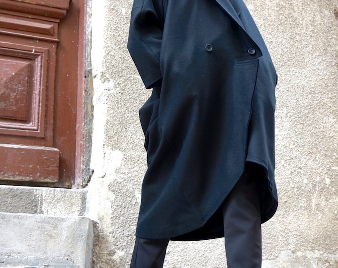 NEW Fall  Winter Asymmetric Extravagant Black Unique Coat/ Wool/Cashmere Blend/ Large Pocket Coat by AAKASHA A07443