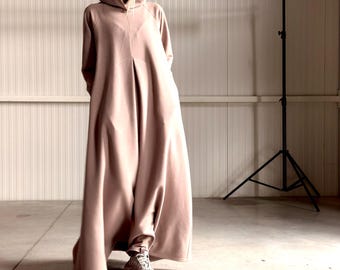 Cotton Kaftan Maxi Hooded Dress, Elegant Pockets Gown
