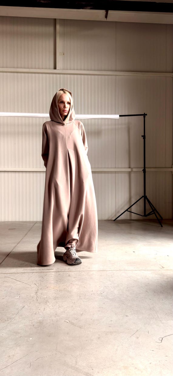 Cotton Kaftan Maxi Hooded Dress, Elegant Pockets Gown