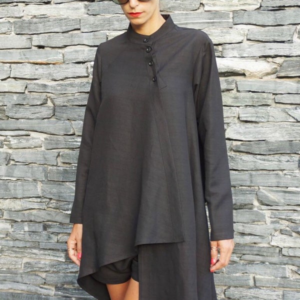 NEW COLLECTION Black Linen Shirt / Extravagant Buttoned Shirt / Asymmetrical shirt / Oversized Stylish Top by Aakasha A11477