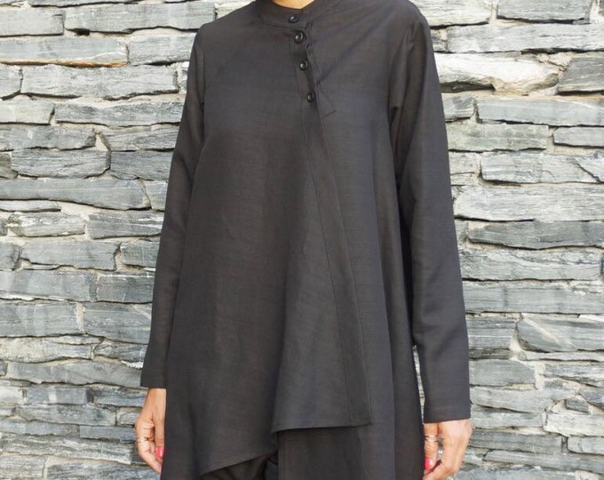 NEW COLLECTION Black Linen Shirt / Extravagant Buttoned Shirt / Asymmetrical shirt / Oversized Stylish Top by Aakasha A11477