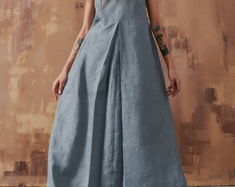 Linen Front Pleat Maxi Dress with Hood by Aakasha