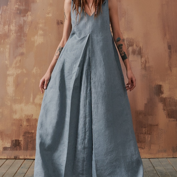 Linen Front Pleat Maxi Dress with Hood by Aakasha