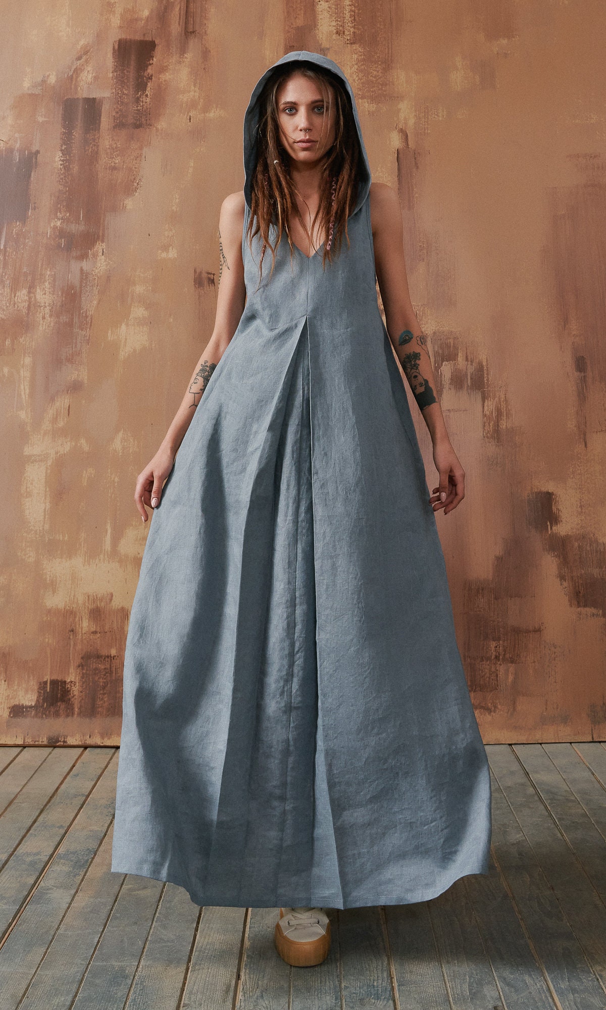 Linen Front Pleat Maxi Dress With Hood by Aakasha - Etsy UK