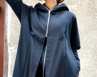 Hooded Coat Double Zipper Blazer  Cotton Hooded Coat Extravagant Asymmetrical Zipper Blazer Long Sleeves by Aakasha A08437