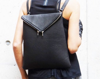 NEW Genuine Leather Black  BackPack  / High Quality  asymmetrycal zipper Bag by AAKASHA A14413
