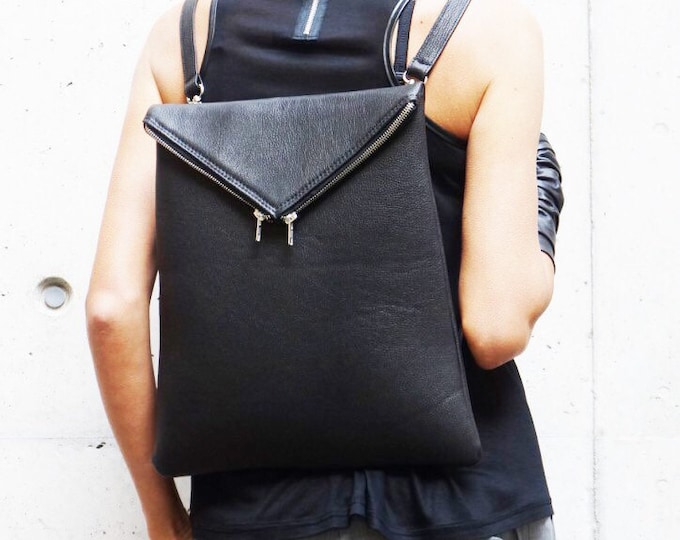 NEW Genuine Leather Black  BackPack  / High Quality  asymmetrycal zipper Bag by AAKASHA A14413