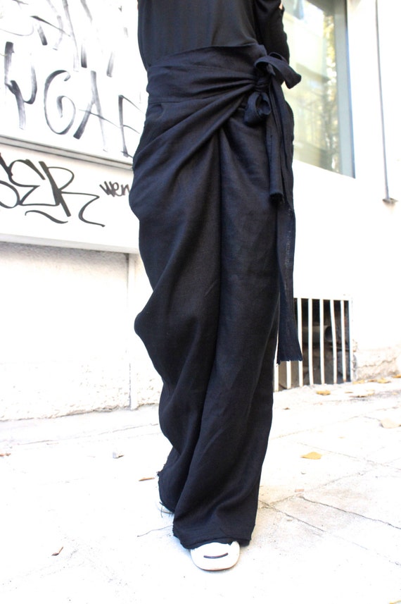 Pantalones negros de lino sueltos/pantalones de pierna ancha