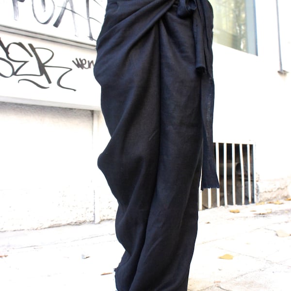 Loose Linen Black Pants / Wide Leg Pants Autumn Extravagant Collection A05034