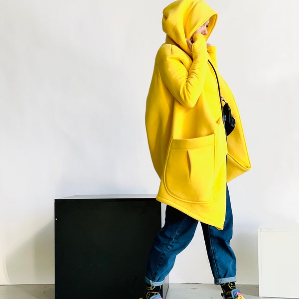 NEW Lined Warm Asymmetric Extravagant Yellow Hooded Coat / Quilted Lined Cotton Jacket / Thumb Holes / Outside and Inside pockets A07177